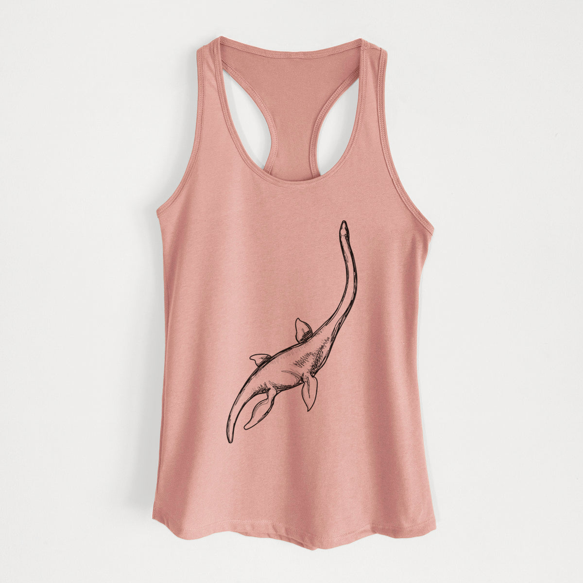 Desert pink women's racerback tank top laid flat, printed with a black ink illustration of a long-necked plesiosaur swimming.