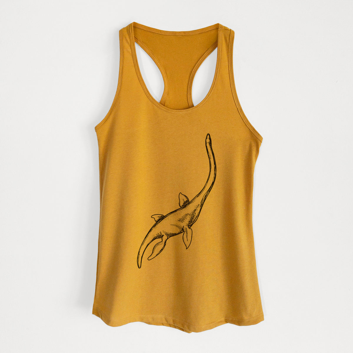Gold women's racerback tank top laid flat, printed with a black ink illustration of a long-necked plesiosaur swimming.