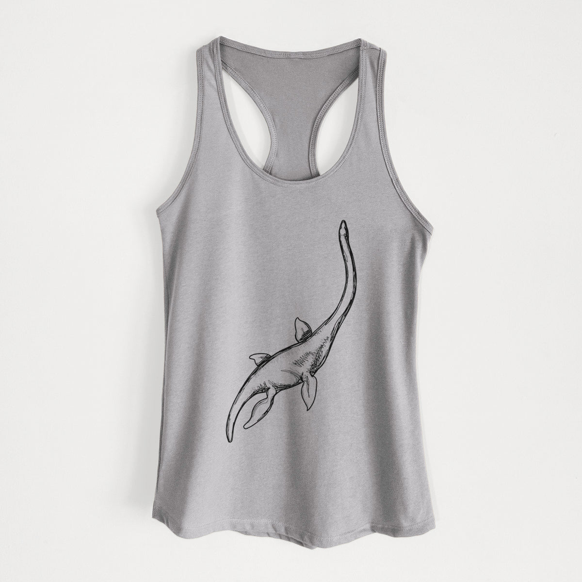 Heather grey women's racerback tank top laid flat, printed with a black ink illustration of a long-necked plesiosaur swimming.