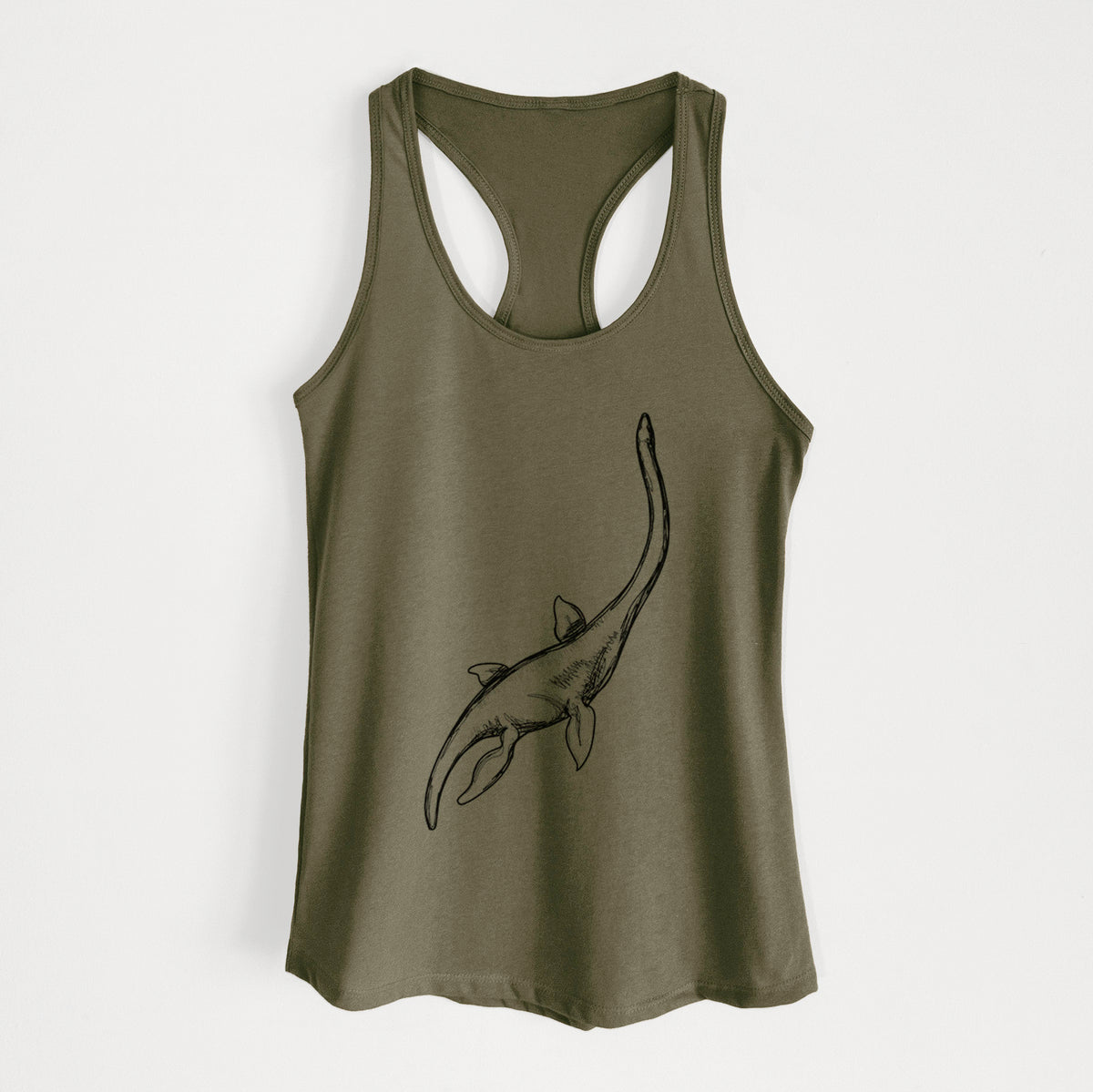 Military green women's racerback tank top laid flat, printed with a black ink illustration of a long-necked plesiosaur swimming.