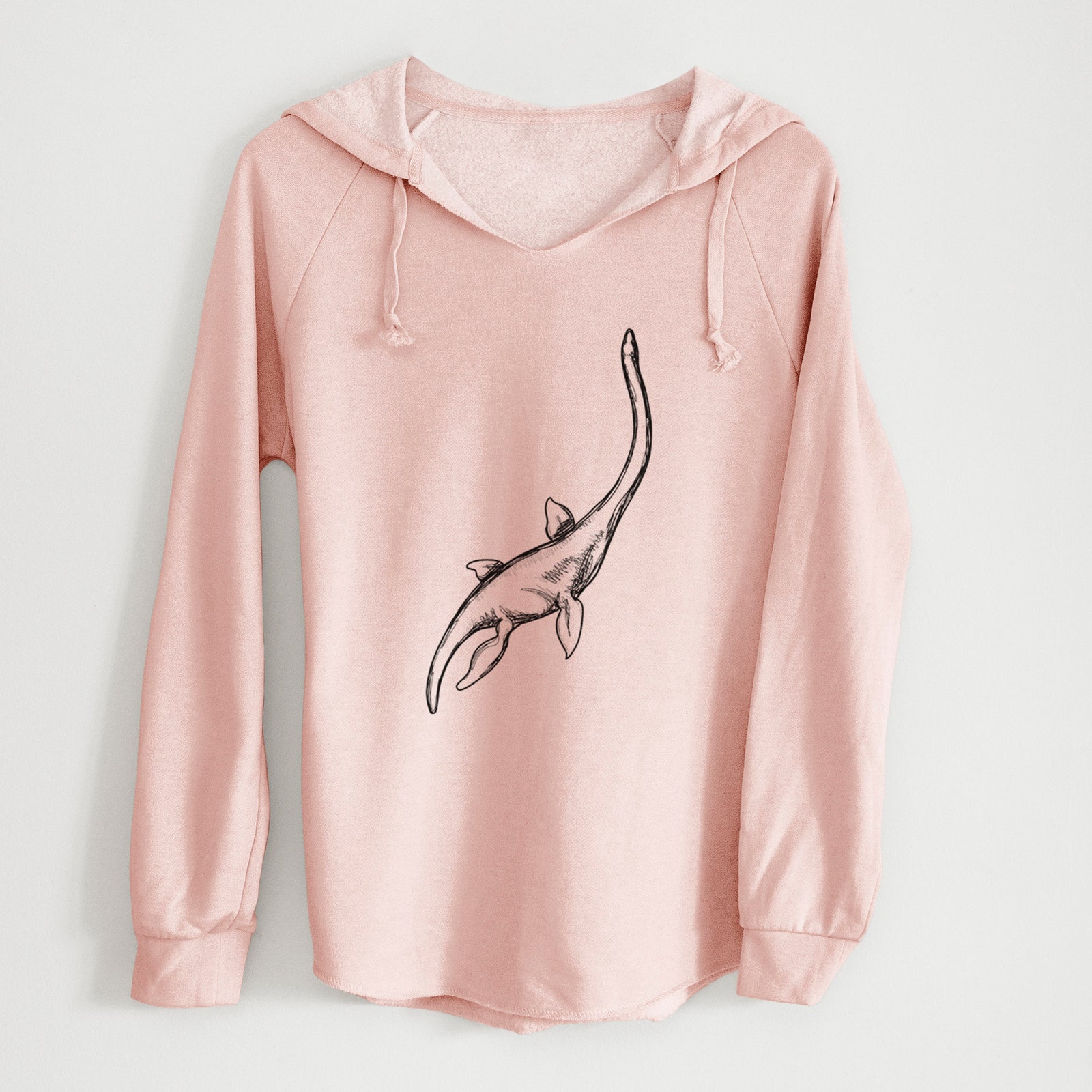Sage green women's Cali Wave hooded sweatshirt laid flat, printed with a black ink illustration of a long-necked plesiosaur swimming.