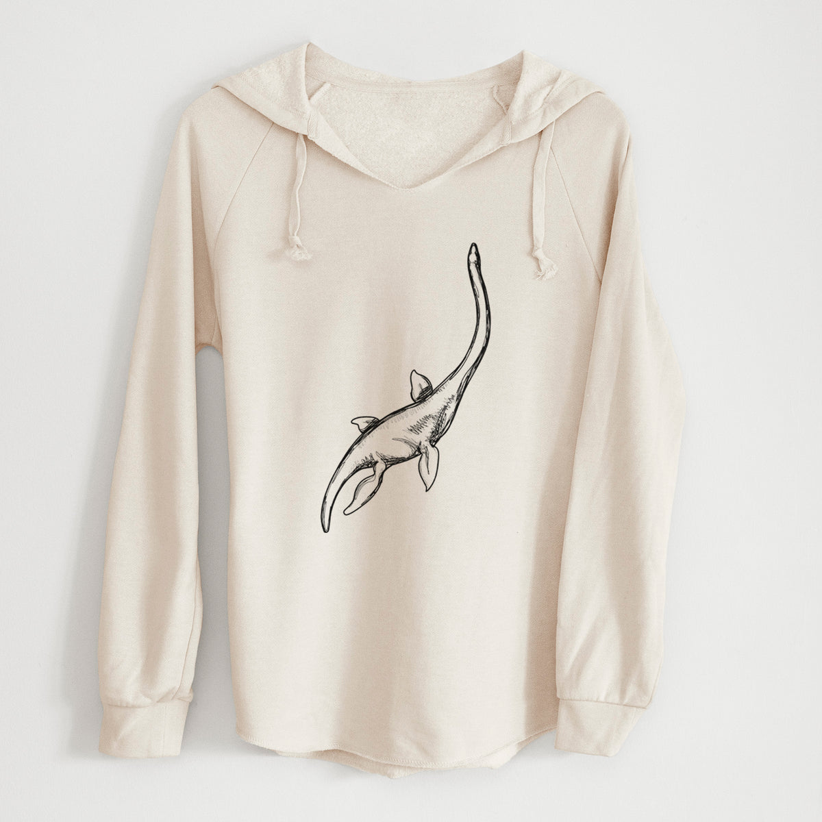 Bone cream women's Cali Wave hooded sweatshirt laid flat, printed with a black ink illustration of a long-necked plesiosaur swimming.