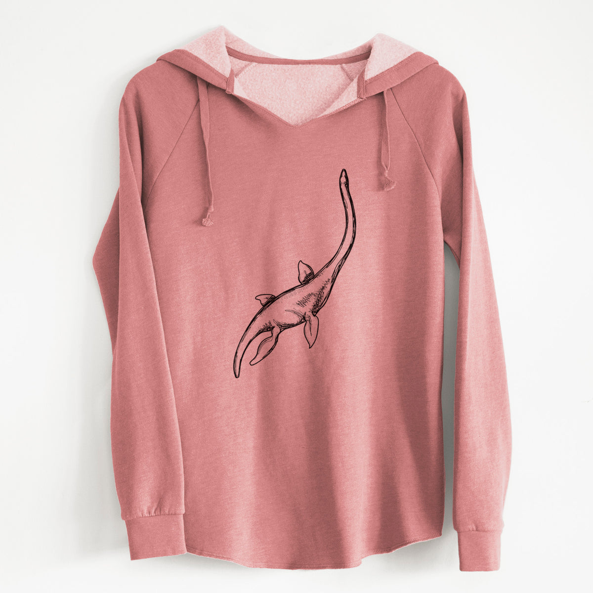 Dusty rose women's Cali Wave hooded sweatshirt laid flat, printed with a black ink illustration of a long-necked plesiosaur swimming.