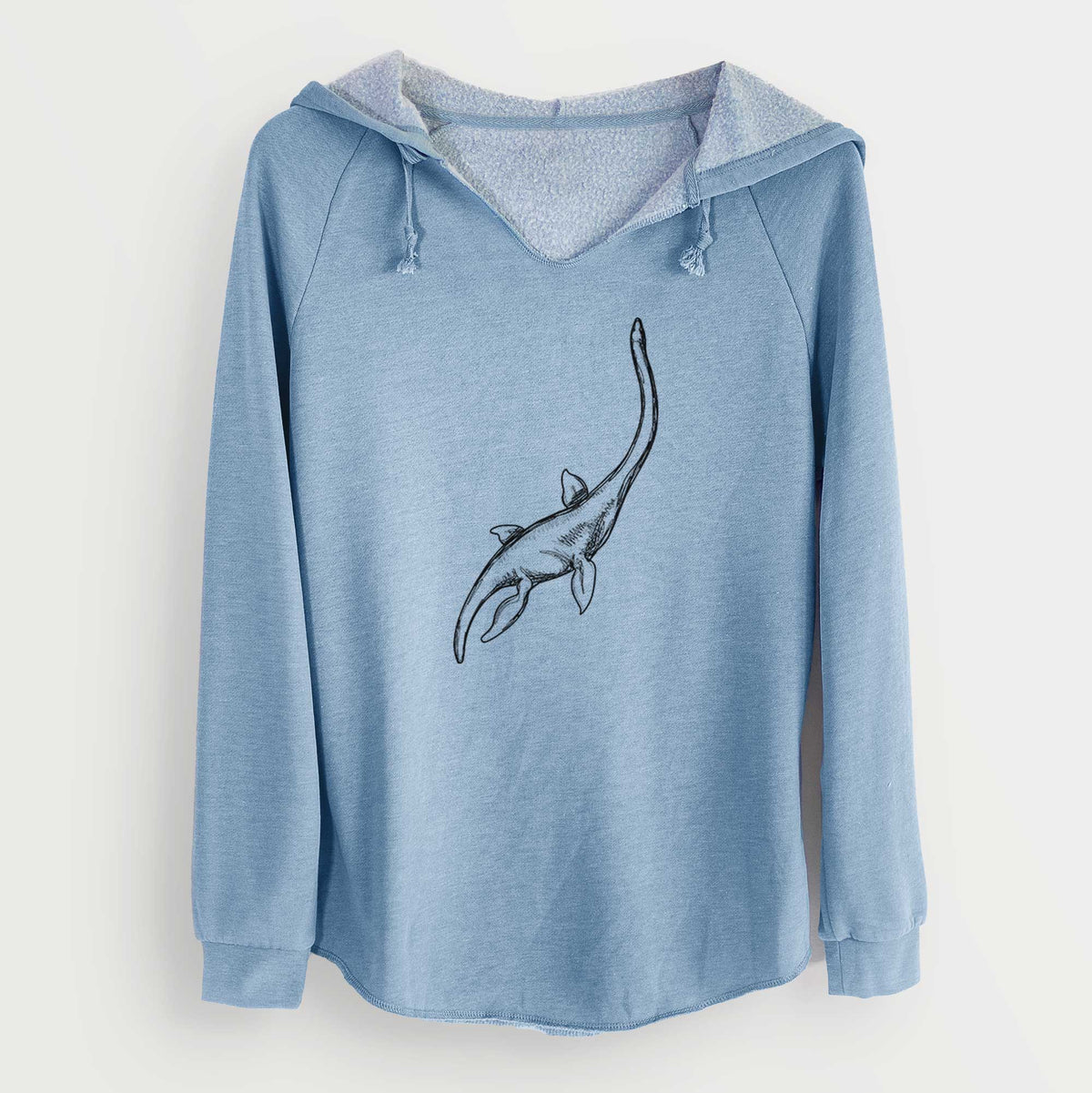 Misty blue women's Cali Wave hooded sweatshirt laid flat, printed with a black ink illustration of a long-necked plesiosaur swimming.
