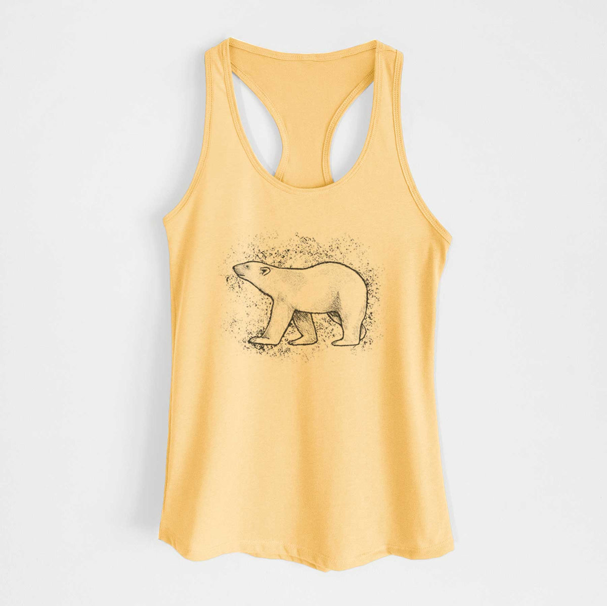 Banana cream women's racerback tank top laid flat, printed with a black ink illustration of a polar bear walking across snow.