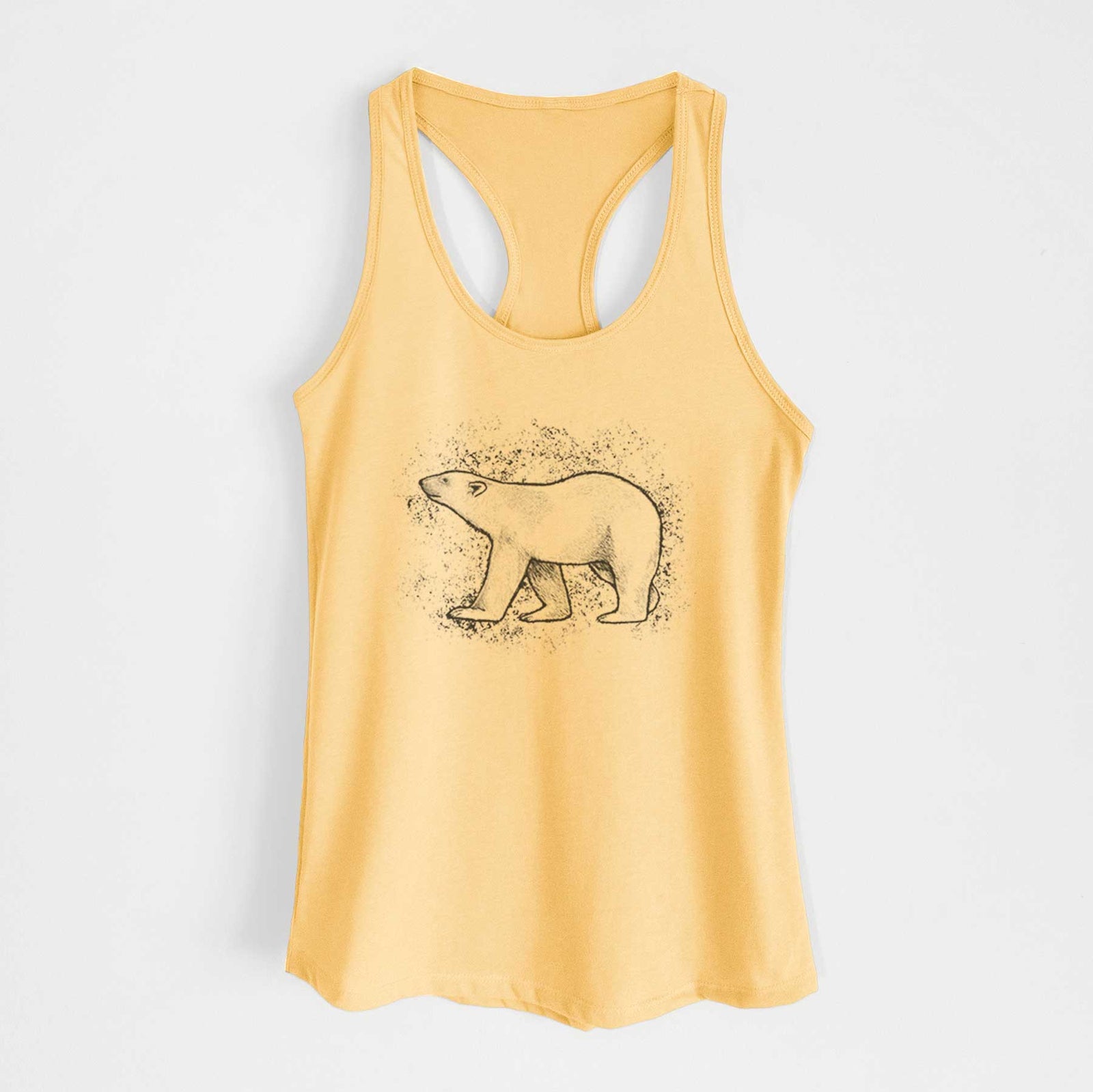 Banana cream women's racerback tank top laid flat, printed with a black ink illustration of a polar bear walking across snow.