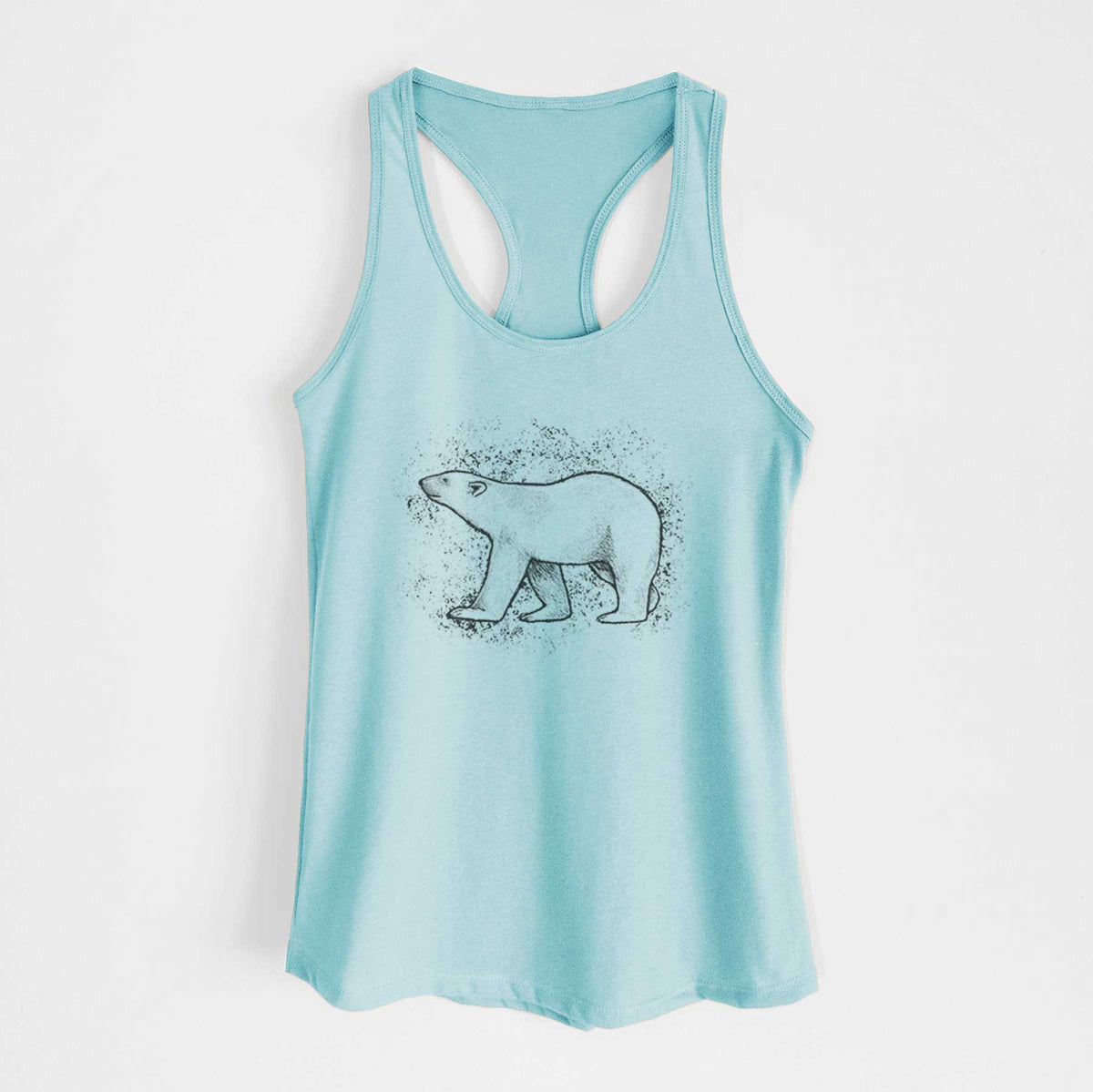 Cancun blue women's racerback tank top laid flat, printed with a black ink illustration of a polar bear walking across snow.