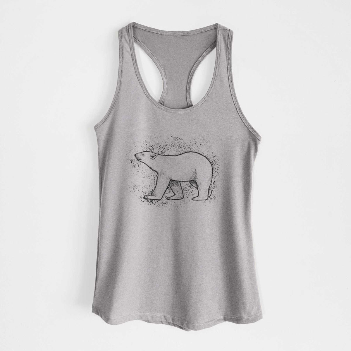 Heather grey women's racerback tank top laid flat, printed with a black ink illustration of a polar bear walking across snow.
