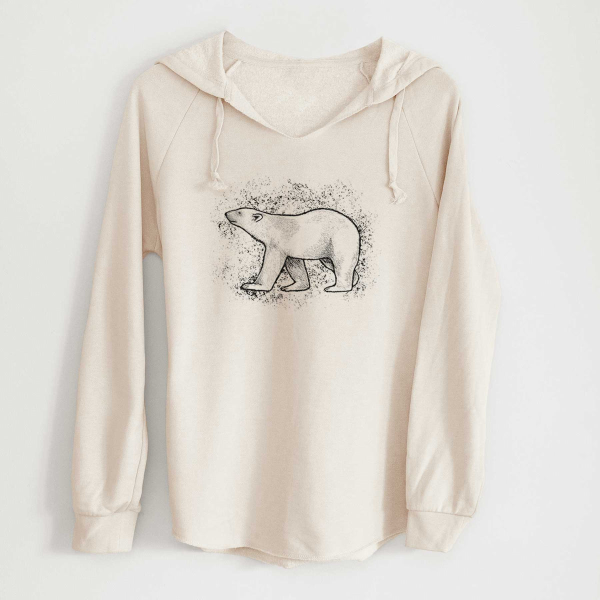 Bone cream women's Cali Wave hooded sweatshirt laid flat, printed with a black ink illustration of a polar bear walking across snow.