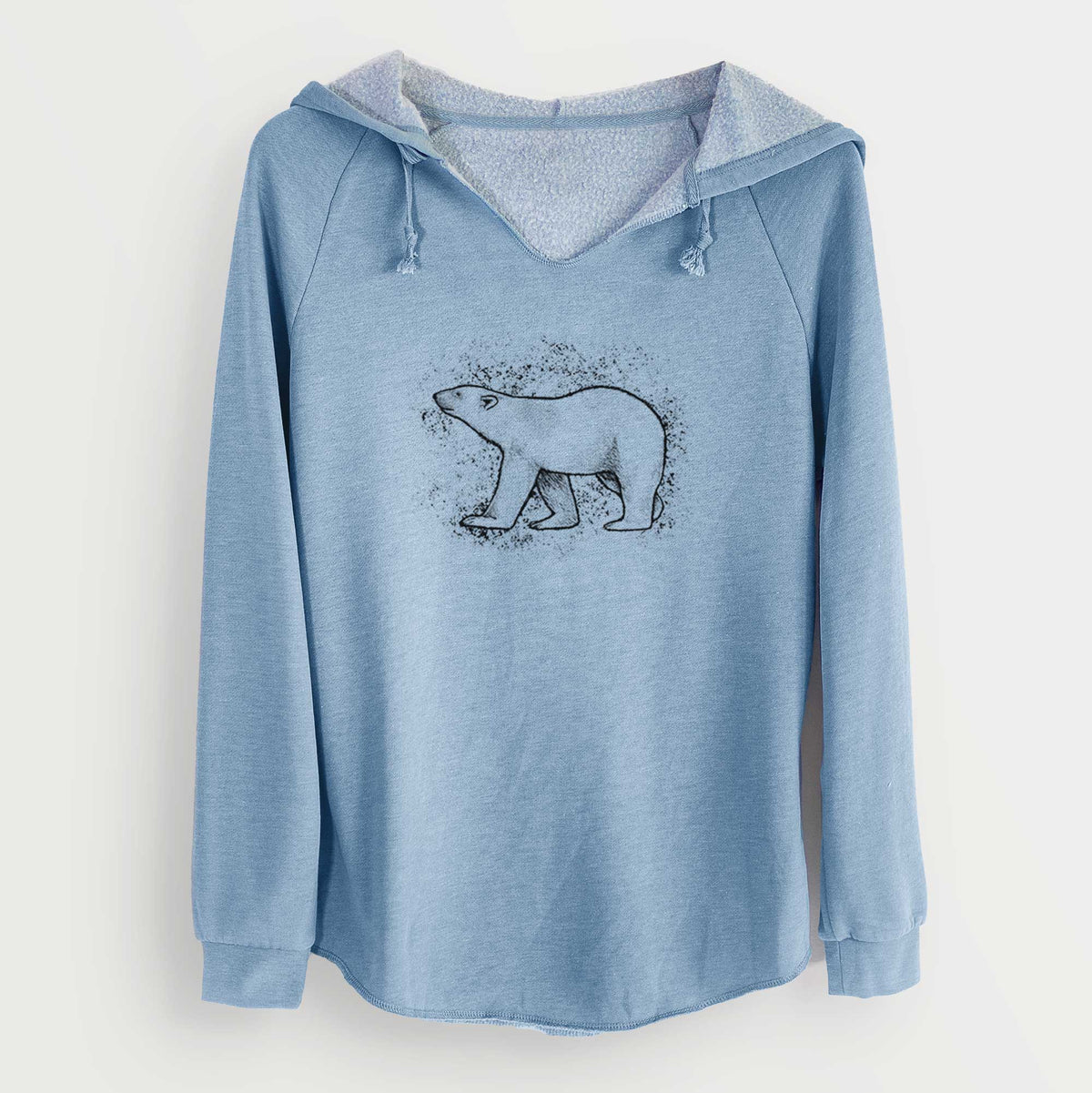 Misty blue women's Cali Wave hooded sweatshirt laid flat, printed with a black ink illustration of a polar bear walking across snow.