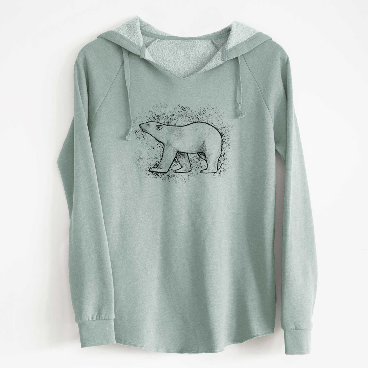 Sage green women's Cali Wave hooded sweatshirt laid flat, printed with a black ink illustration of a polar bear walking across snow.