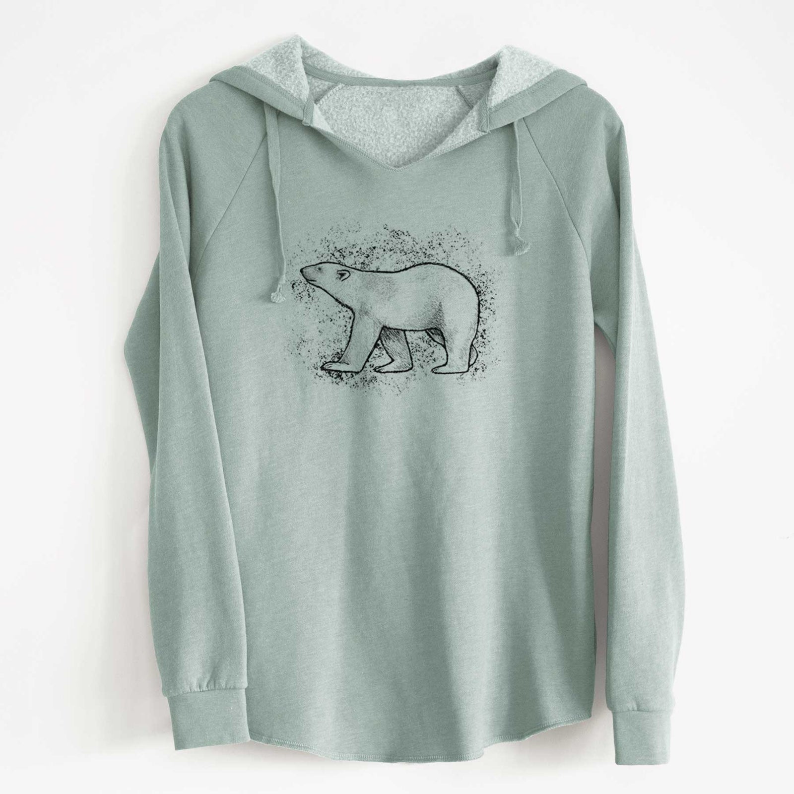 Sage green women's Cali Wave hooded sweatshirt laid flat, printed with a black ink illustration of a polar bear walking across snow.
