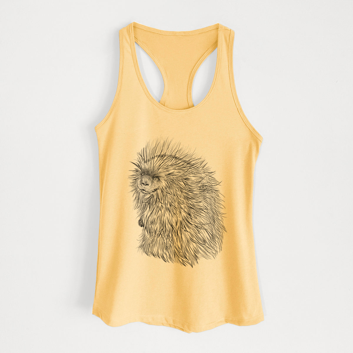Banana cream women's racerback tank top laid flat, printed with a detailed black ink illustration of a porcupine with its quills raised.