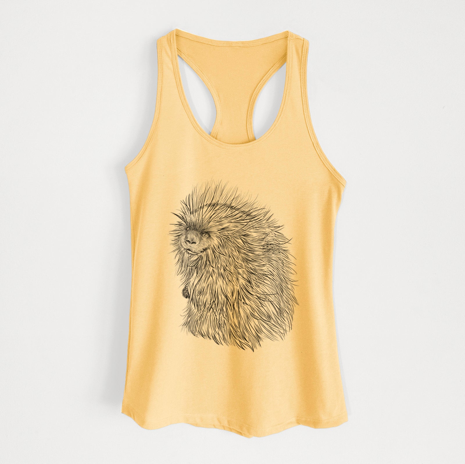 Banana cream women's racerback tank top laid flat, printed with a detailed black ink illustration of a porcupine with its quills raised.