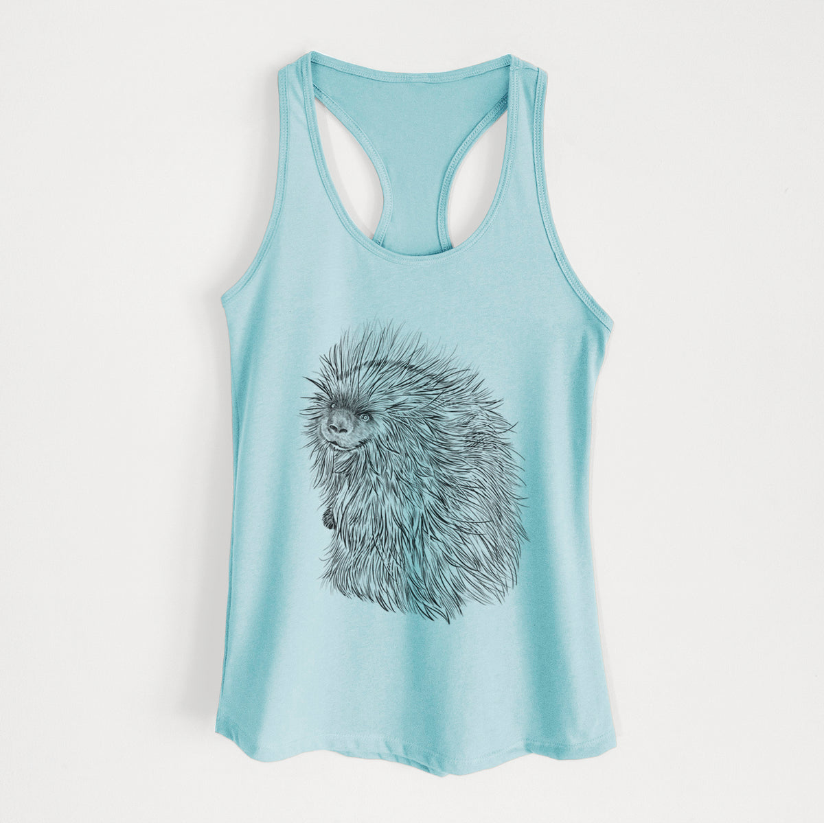 Cancun blue women's racerback tank top laid flat, printed with a detailed black ink illustration of a porcupine with its quills raised.