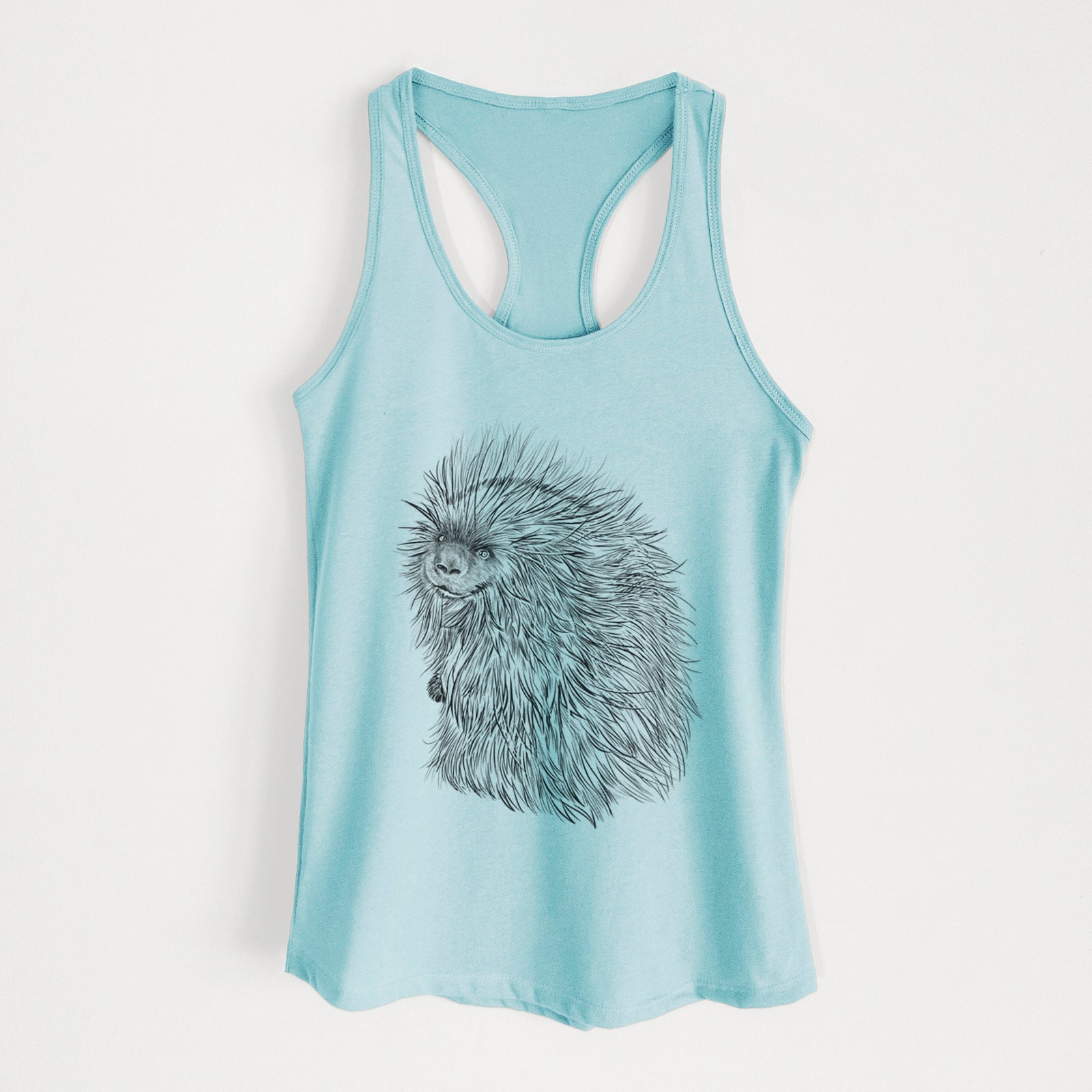Banana cream women's racerback tank top laid flat, printed with a detailed black ink illustration of a porcupine with its quills raised.