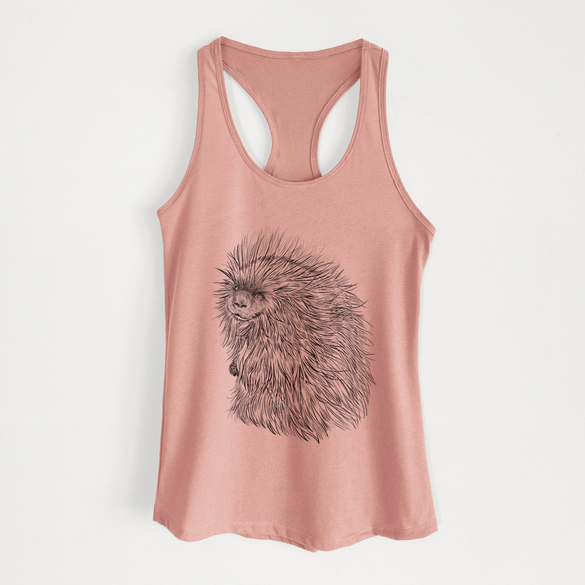 Desert pink women's racerback tank top laid flat, printed with a detailed black ink illustration of a porcupine with its quills raised.