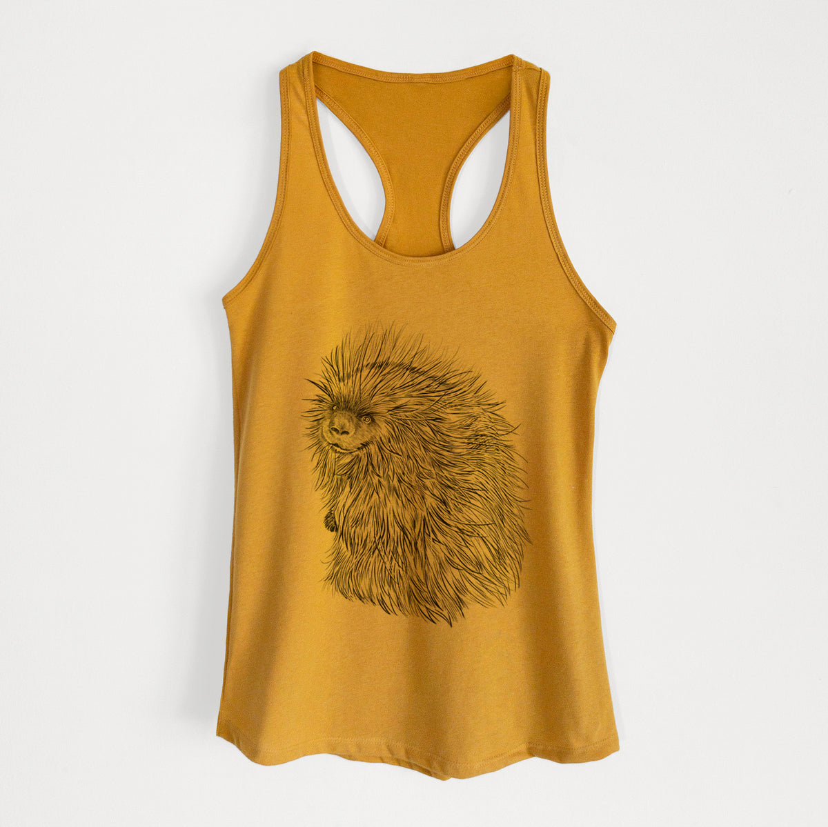 Gold women's racerback tank top laid flat, printed with a detailed black ink illustration of a porcupine with its quills raised.