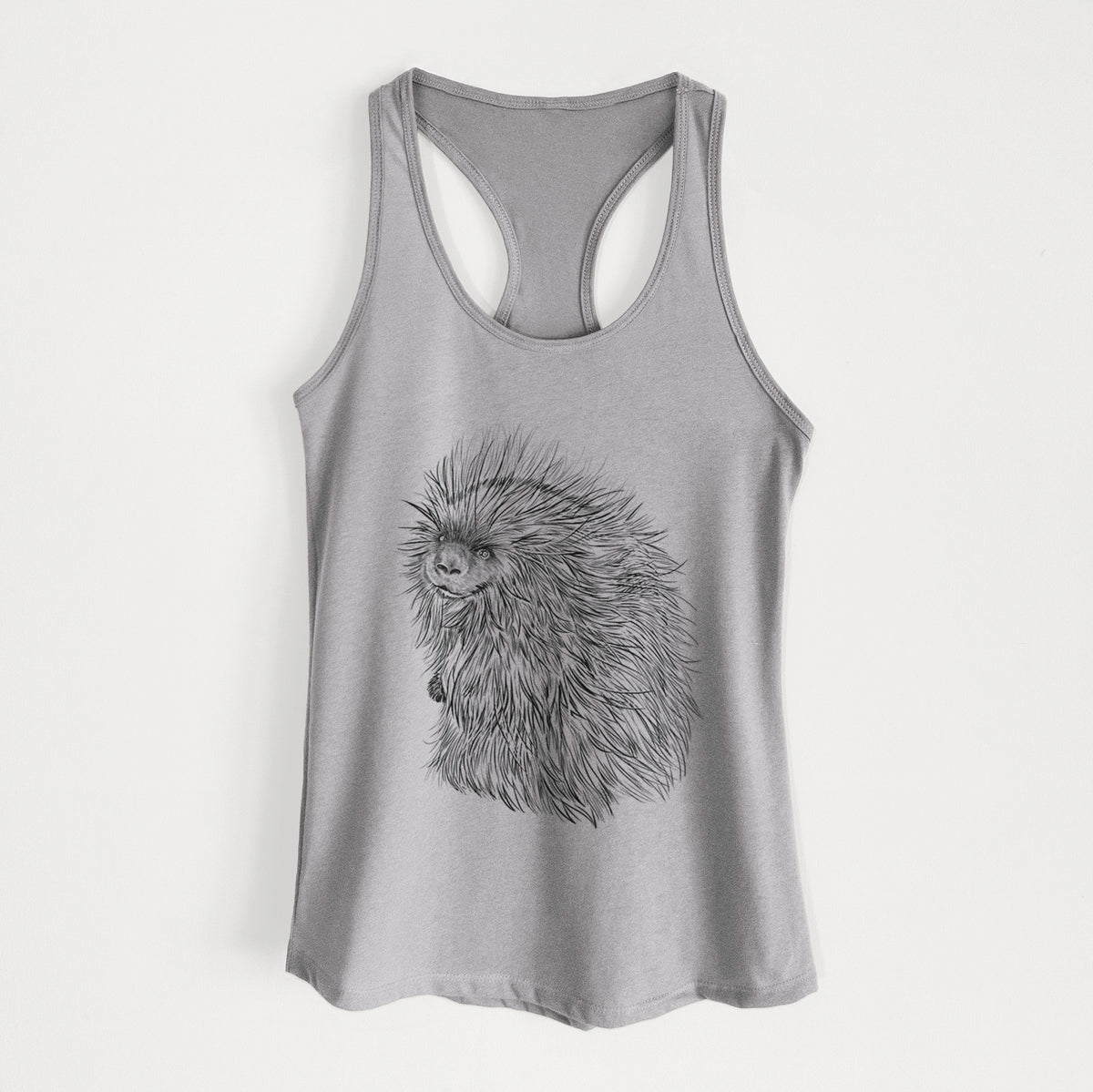 Heather grey women's racerback tank top laid flat, printed with a detailed black ink illustration of a porcupine with its quills raised.