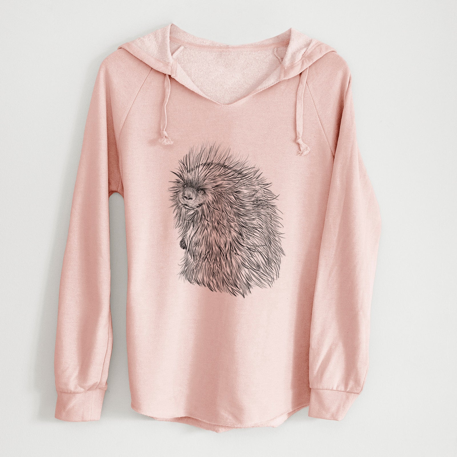 Sage green women's Cali Wave hooded sweatshirt laid flat, printed with a detailed black ink illustration of a porcupine with its quills raised.