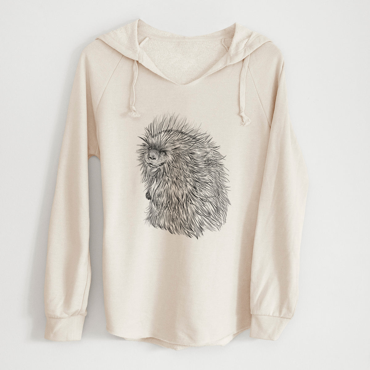 Bone cream women's Cali Wave hooded sweatshirt laid flat, printed with a detailed black ink illustration of a porcupine with its quills raised.
