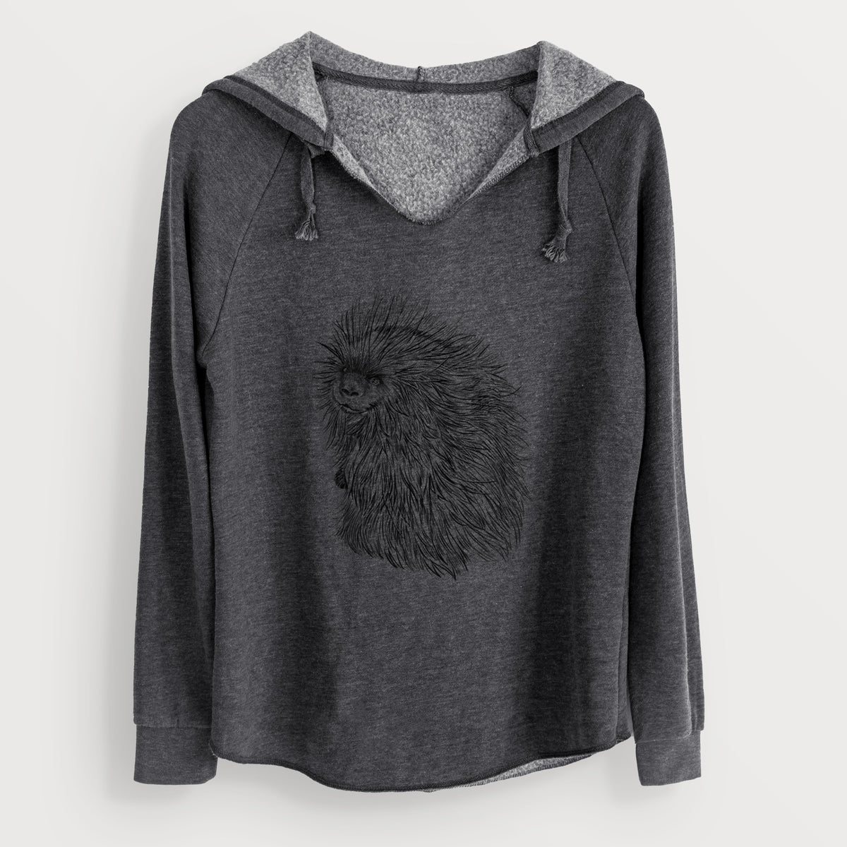 Charcoal grey women's Cali Wave hooded sweatshirt laid flat, printed with a detailed black ink illustration of a porcupine with its quills raised.