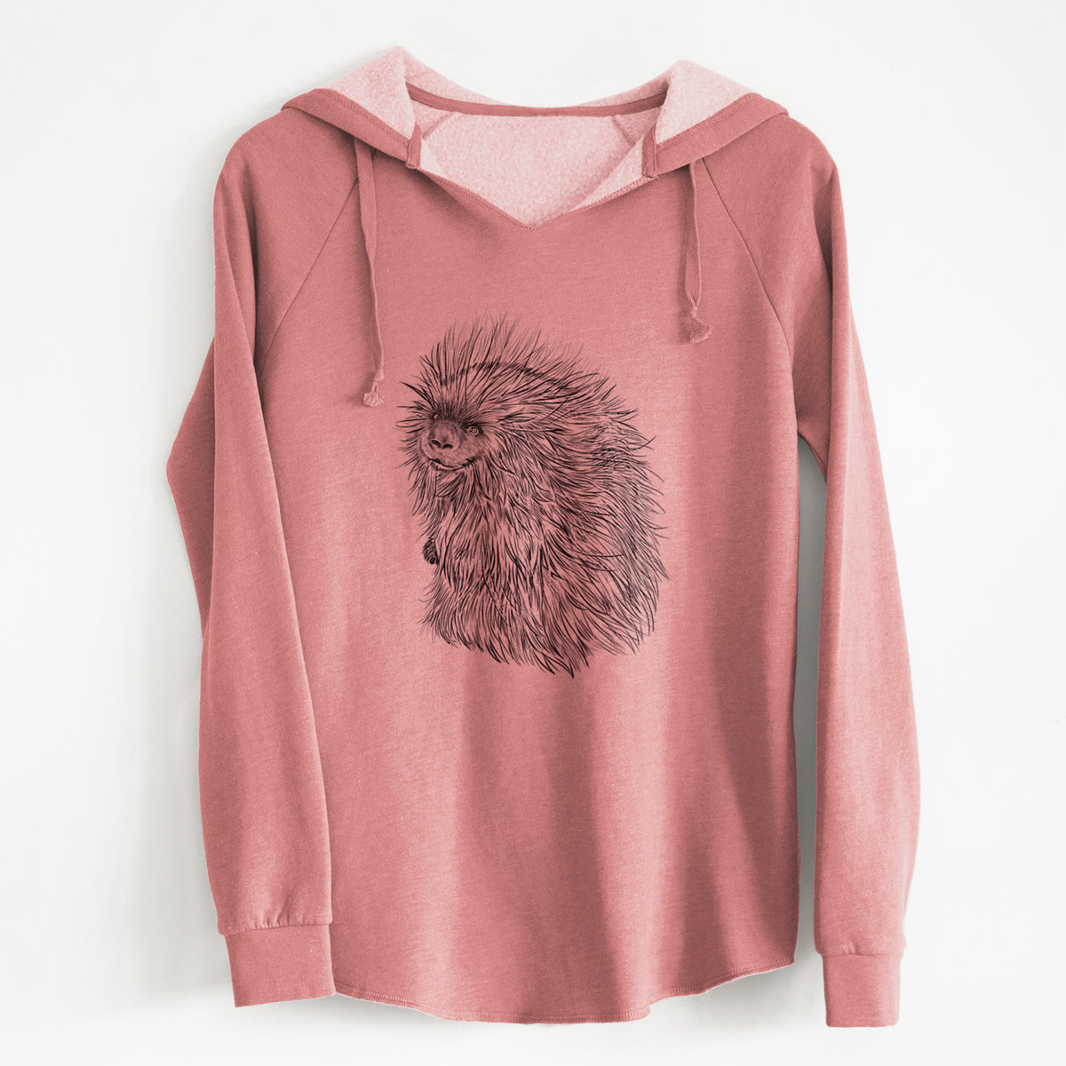 Dusty rose women's Cali Wave hooded sweatshirt laid flat, printed with a detailed black ink illustration of a porcupine with its quills raised.