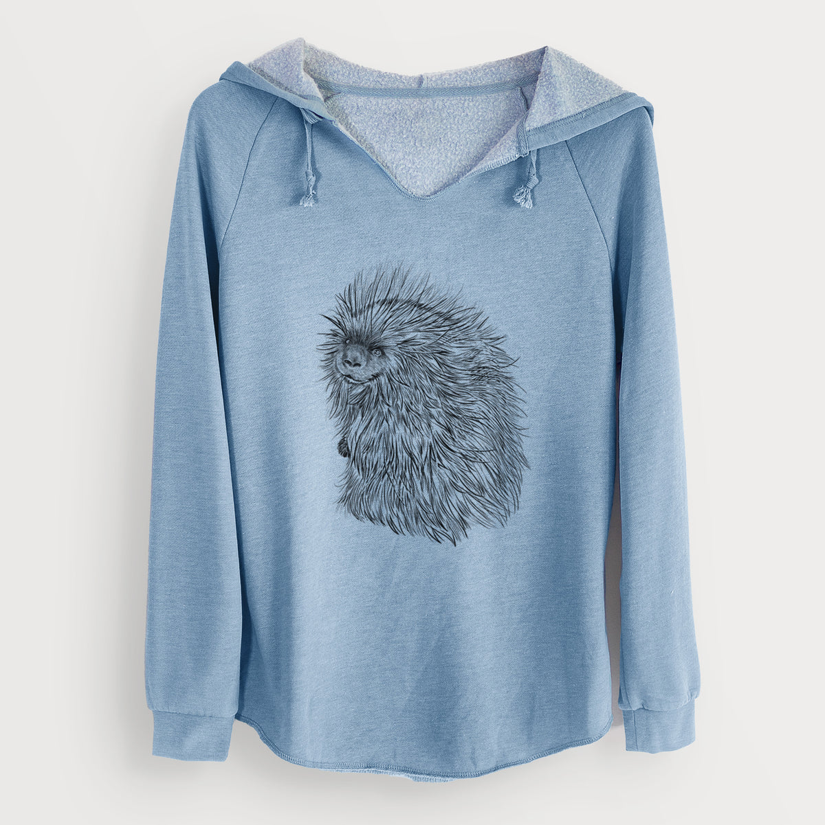 Misty blue women's Cali Wave hooded sweatshirt laid flat, printed with a detailed black ink illustration of a porcupine with its quills raised.