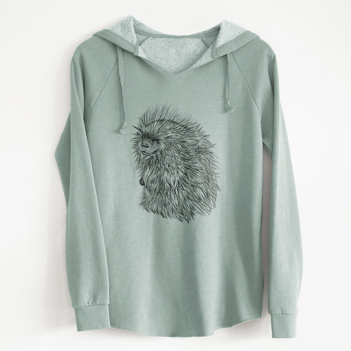 Sage green women's Cali Wave hooded sweatshirt laid flat, printed with a detailed black ink illustration of a porcupine with its quills raised.