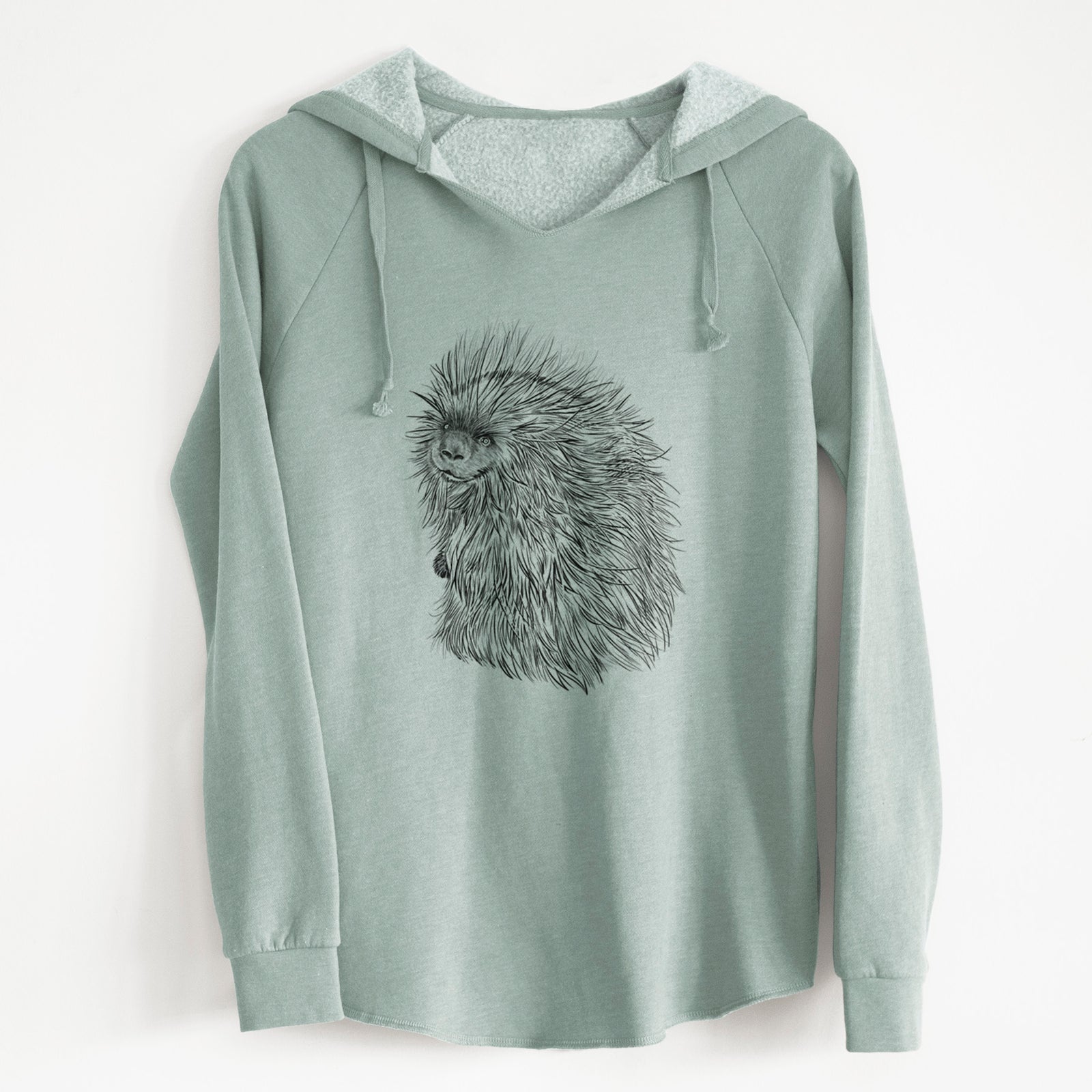 Sage green women's Cali Wave hooded sweatshirt laid flat, printed with a detailed black ink illustration of a porcupine with its quills raised.