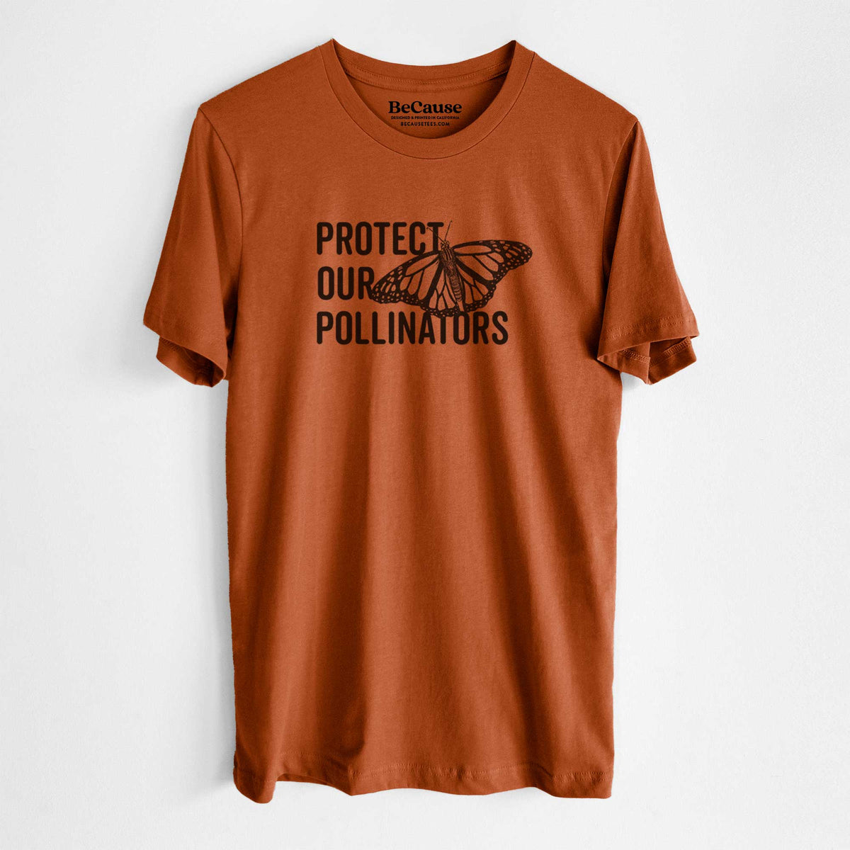Autumn lightweight cotton t-shirt laid flat, printed with bold black words reading Protect Our Pollinators beside a monarch butterfly.