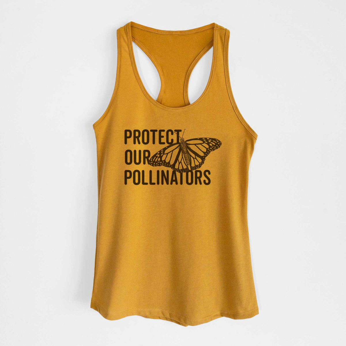 Gold women's racerback tank top laid flat, printed with bold black words reading Protect Our Pollinators beside a monarch butterfly.