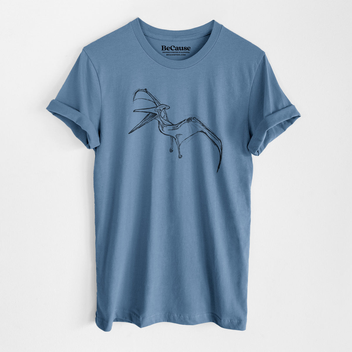 Steel blue lightweight cotton t-shirt laid flat, printed with a black ink illustration of a Pteranodon in flight.