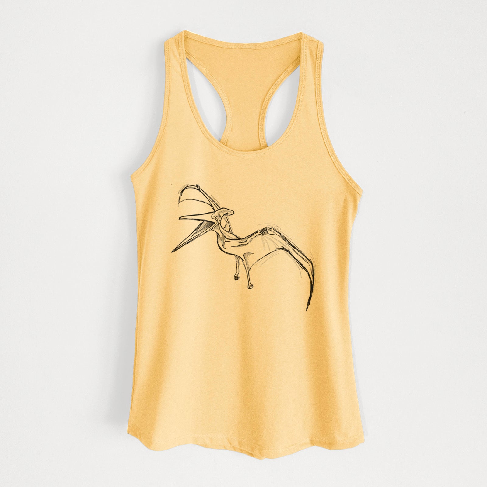 Banana cream women's racerback tank top laid flat, printed with a black ink illustration of a Pteranodon in flight.