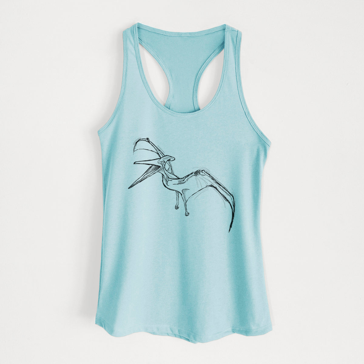 Cancun blue women's racerback tank top laid flat, printed with a black ink illustration of a Pteranodon in flight.
