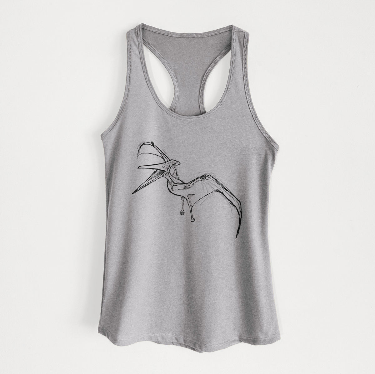 Heather grey women's racerback tank top laid flat, printed with a black ink illustration of a Pteranodon in flight.