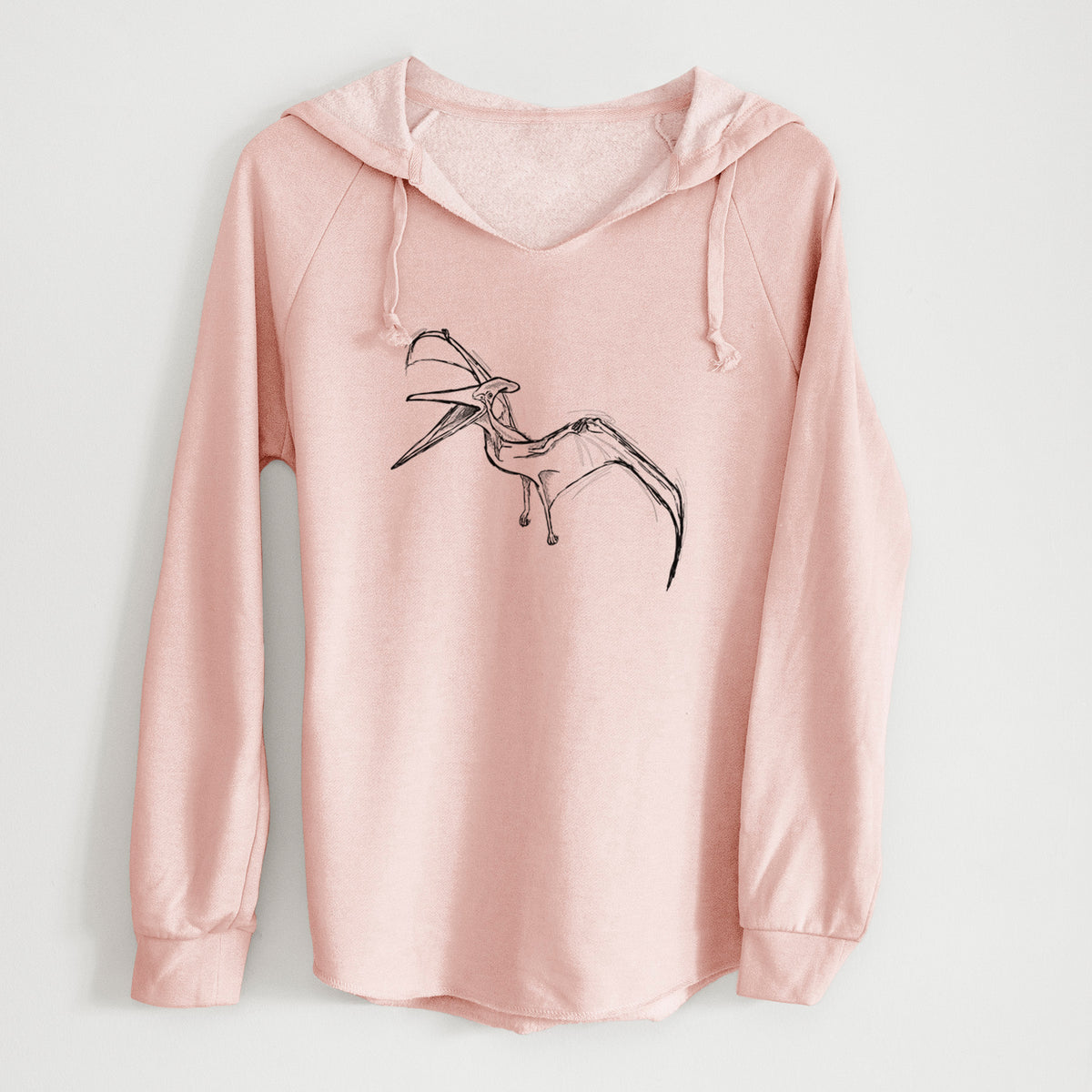 Blush pink women's Cali Wave hooded sweatshirt laid flat, printed with a black ink illustration of a Pteranodon in flight.