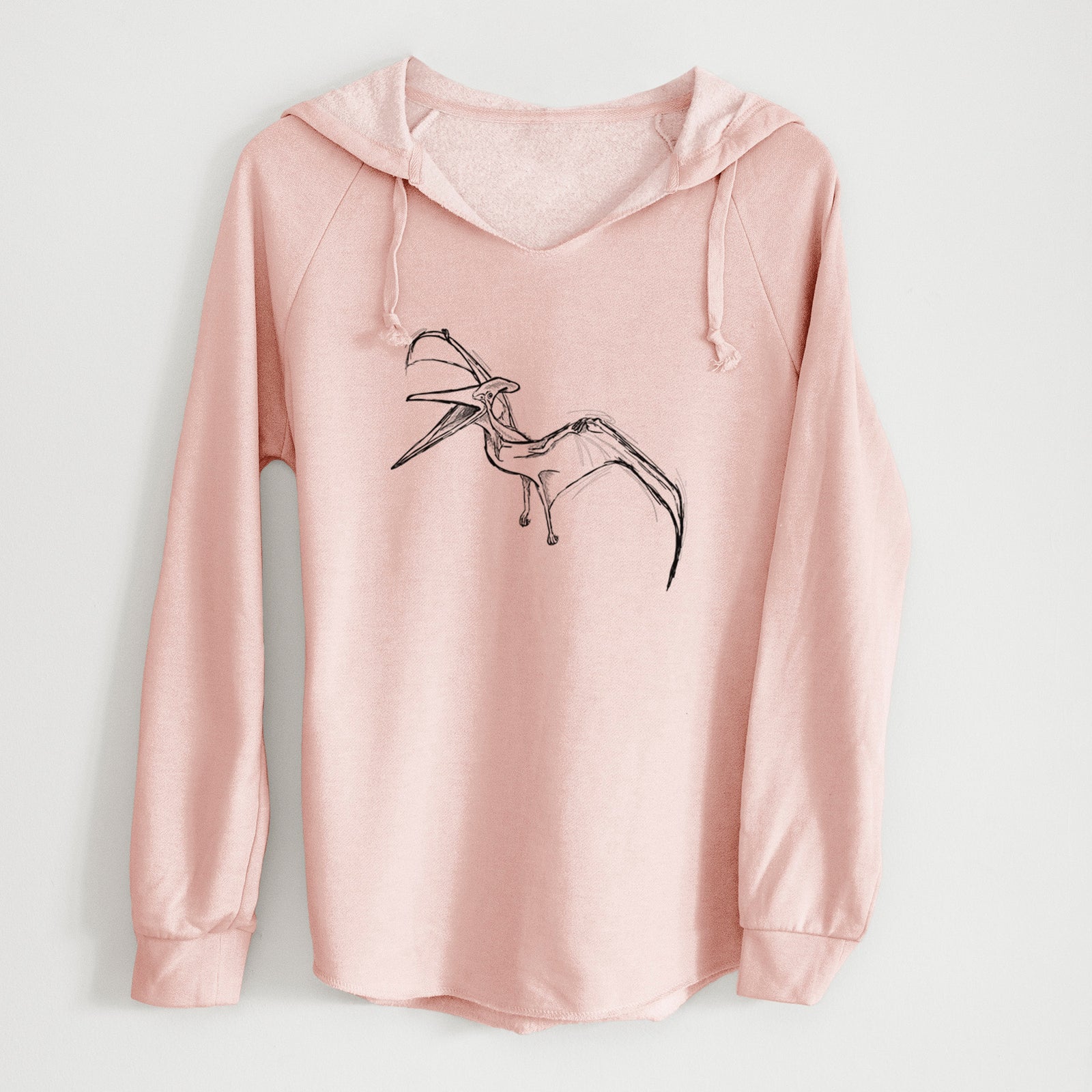 Sage green women's Cali Wave hooded sweatshirt laid flat, printed with a black ink illustration of a Pteranodon in flight.
