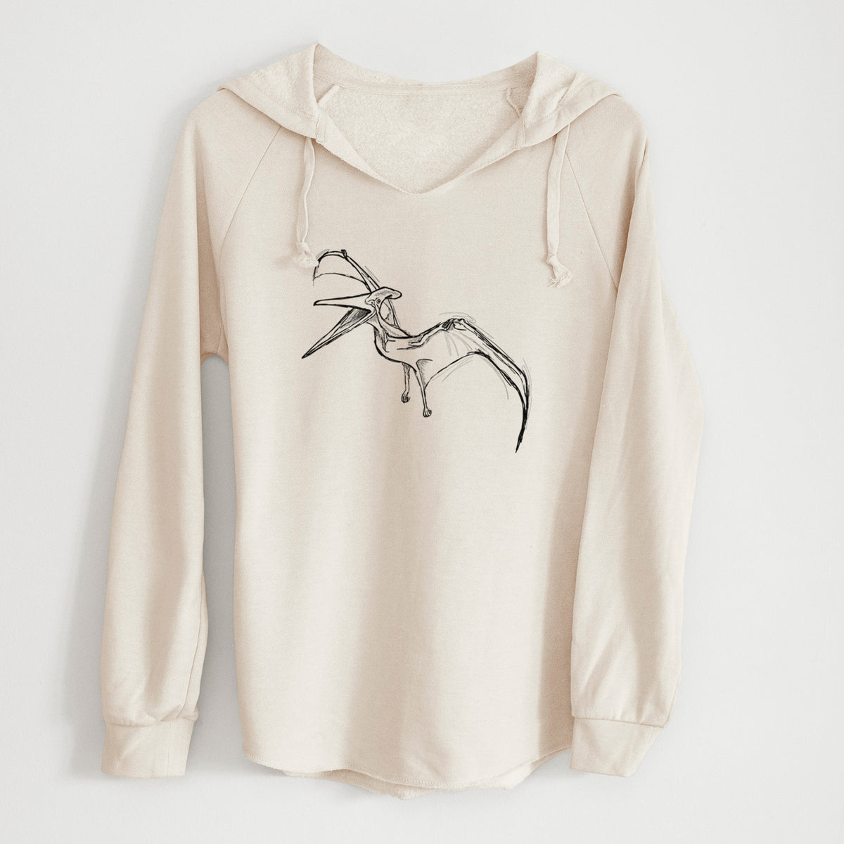 Bone cream women's Cali Wave hooded sweatshirt laid flat, printed with a black ink illustration of a Pteranodon in flight.