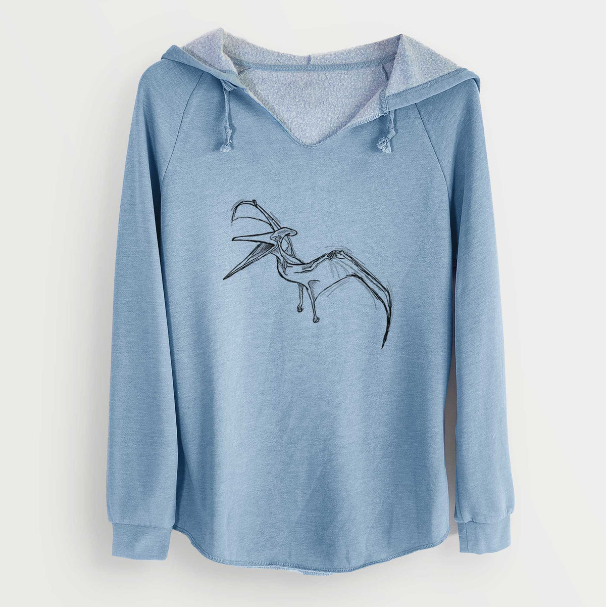 Misty blue women's Cali Wave hooded sweatshirt laid flat, printed with a black ink illustration of a Pteranodon in flight.