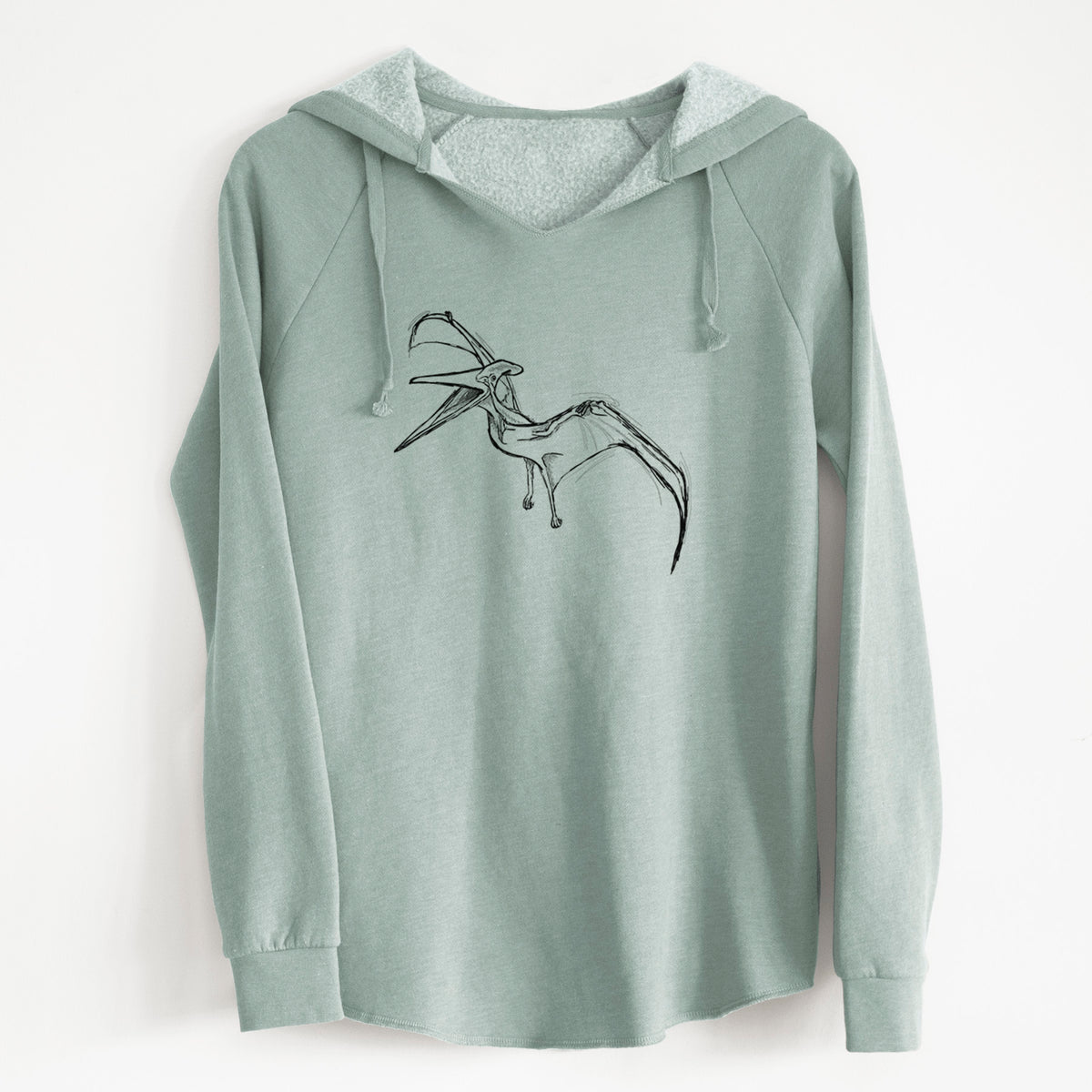 Sage green women's Cali Wave hooded sweatshirt laid flat, printed with a black ink illustration of a Pteranodon in flight.