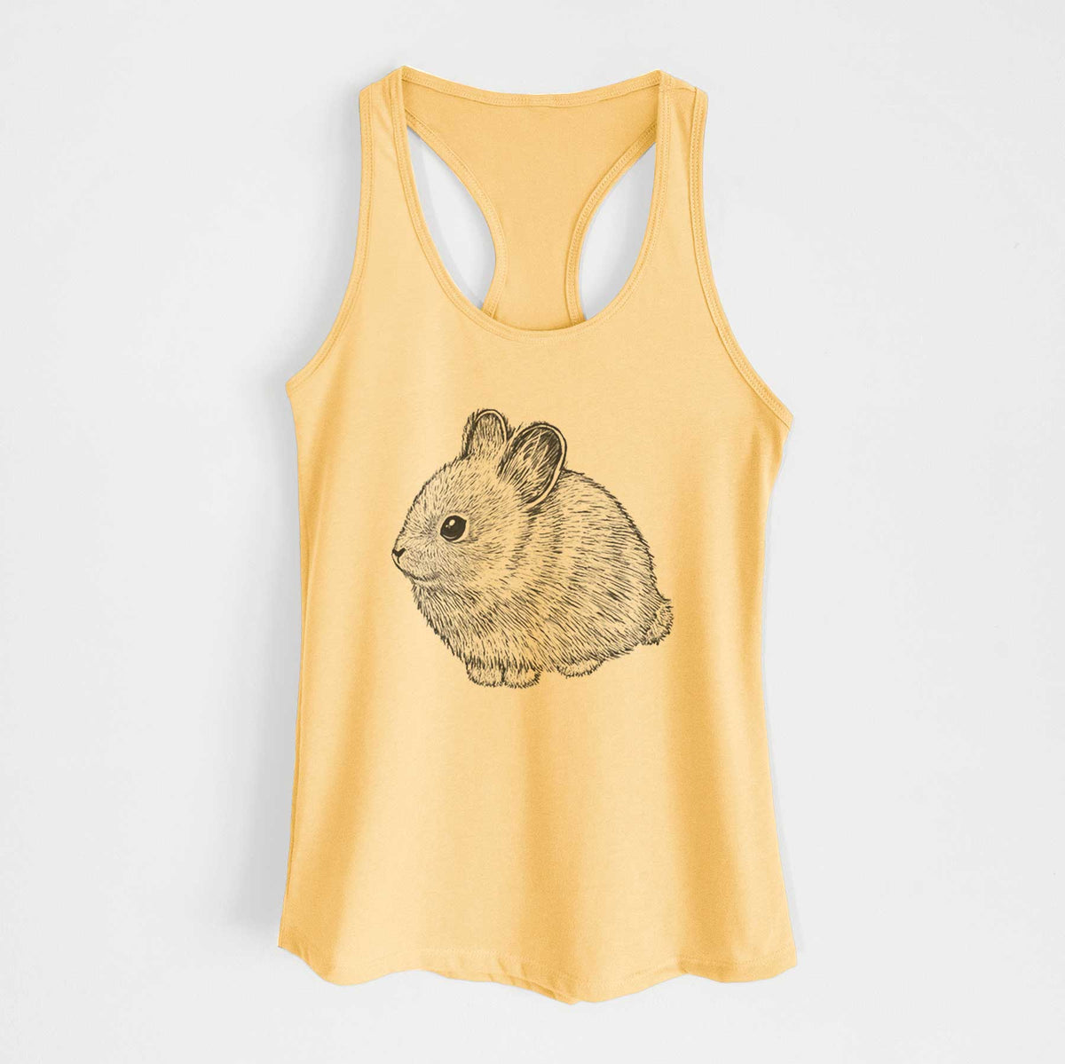 Banana cream women's racerback tank top laid flat, printed with a detailed black ink illustration of a round, fluffy pygmy rabbit.