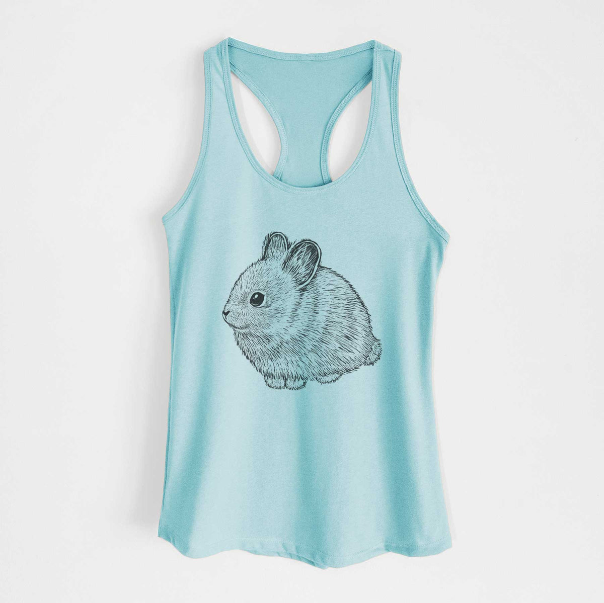Cancun blue women's racerback tank top laid flat, printed with a detailed black ink illustration of a round, fluffy pygmy rabbit.