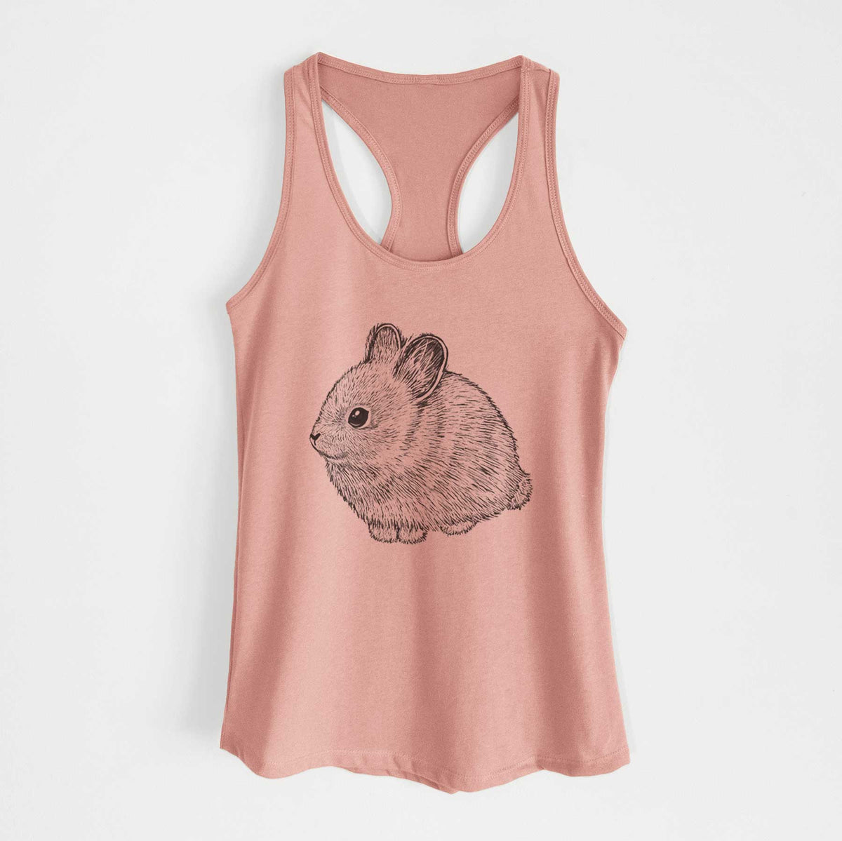 Desert pink women's racerback tank top laid flat, printed with a detailed black ink illustration of a round, fluffy pygmy rabbit.