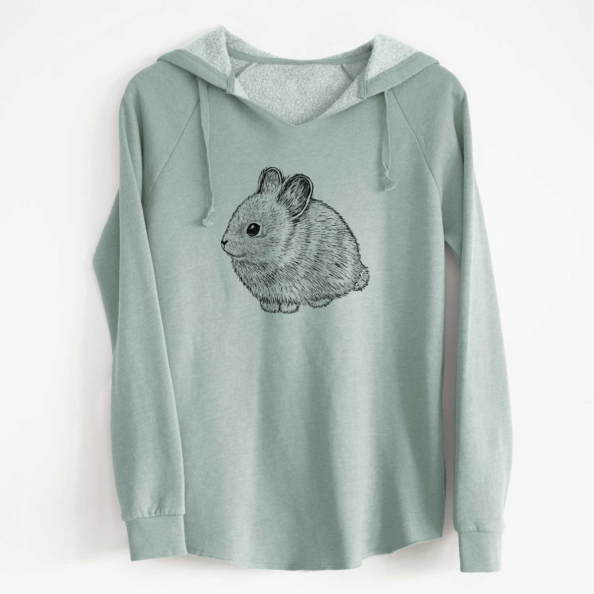 Sage green women's Cali Wave hooded sweatshirt laid flat, printed with a detailed black ink illustration of a round, fluffy pygmy rabbit.