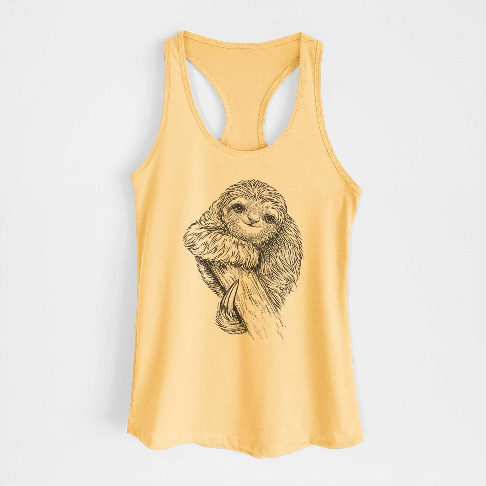 Banana cream women's racerback tank top laid flat, printed with a detailed black ink illustration of a smiling pygmy three-toed sloth hanging from a branch.