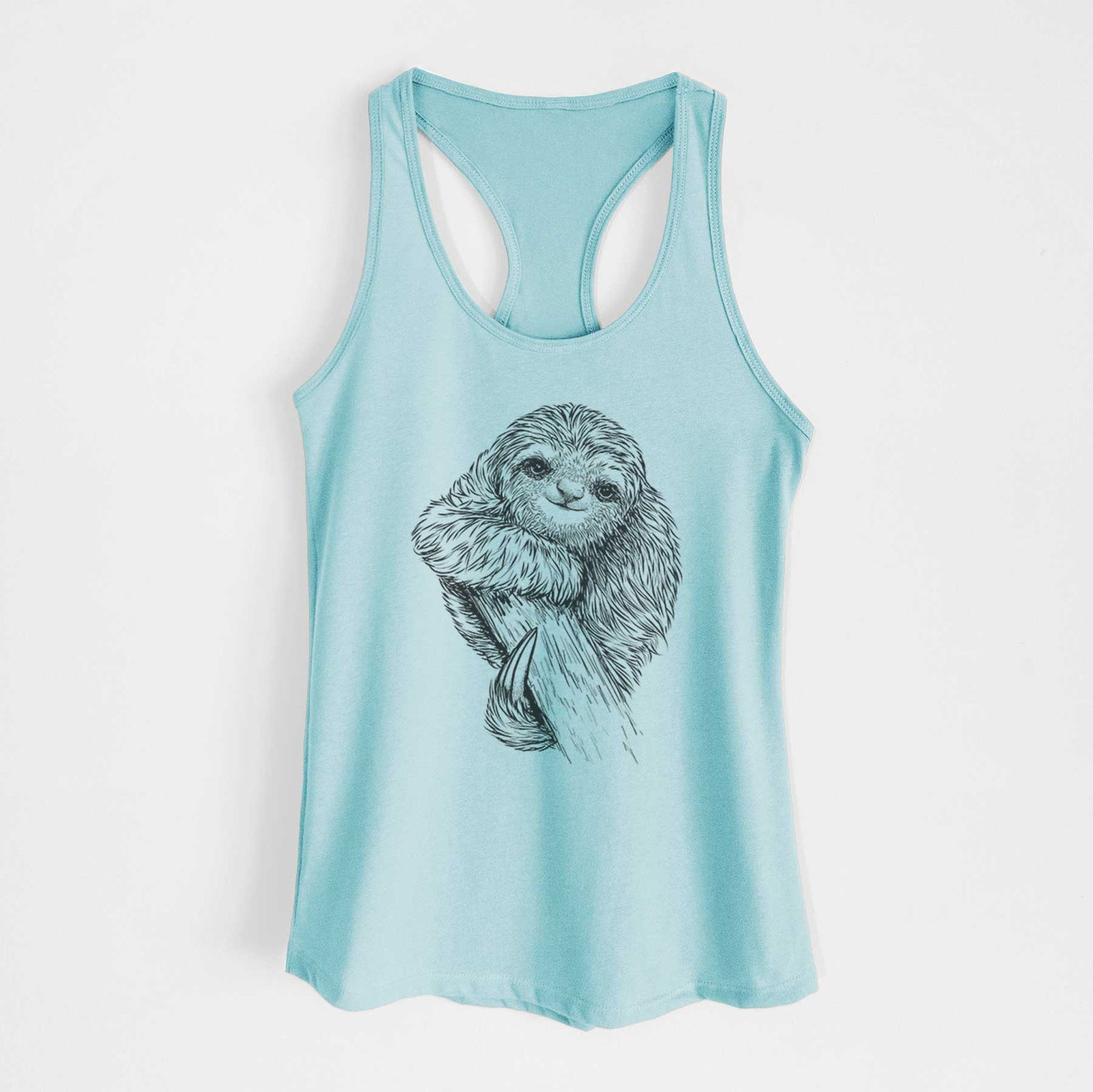 Banana cream women's racerback tank top laid flat, printed with a detailed black ink illustration of a smiling pygmy three-toed sloth hanging from a branch.