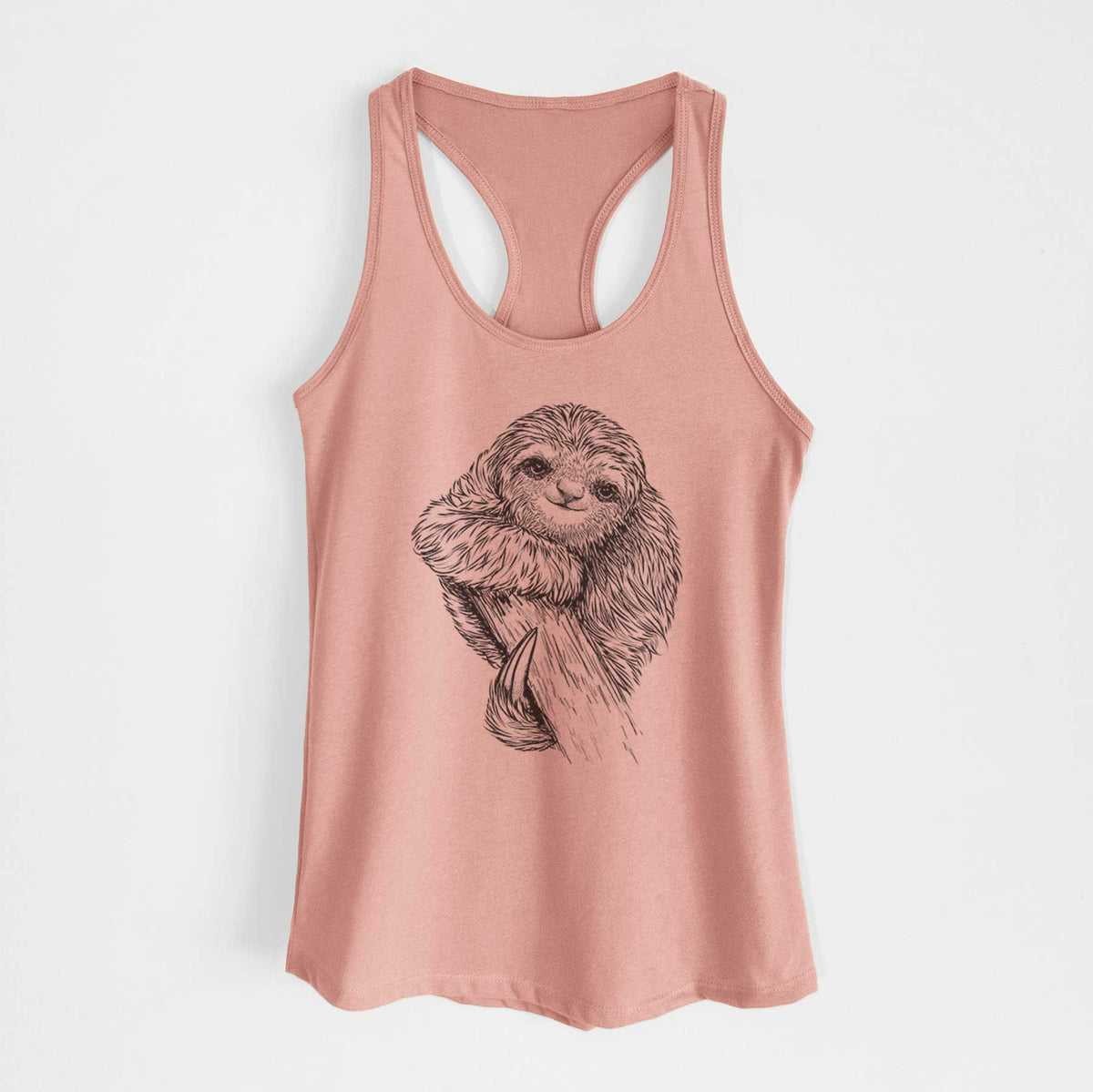 Desert pink women's racerback tank top laid flat, printed with a detailed black ink illustration of a smiling pygmy three-toed sloth hanging from a branch.