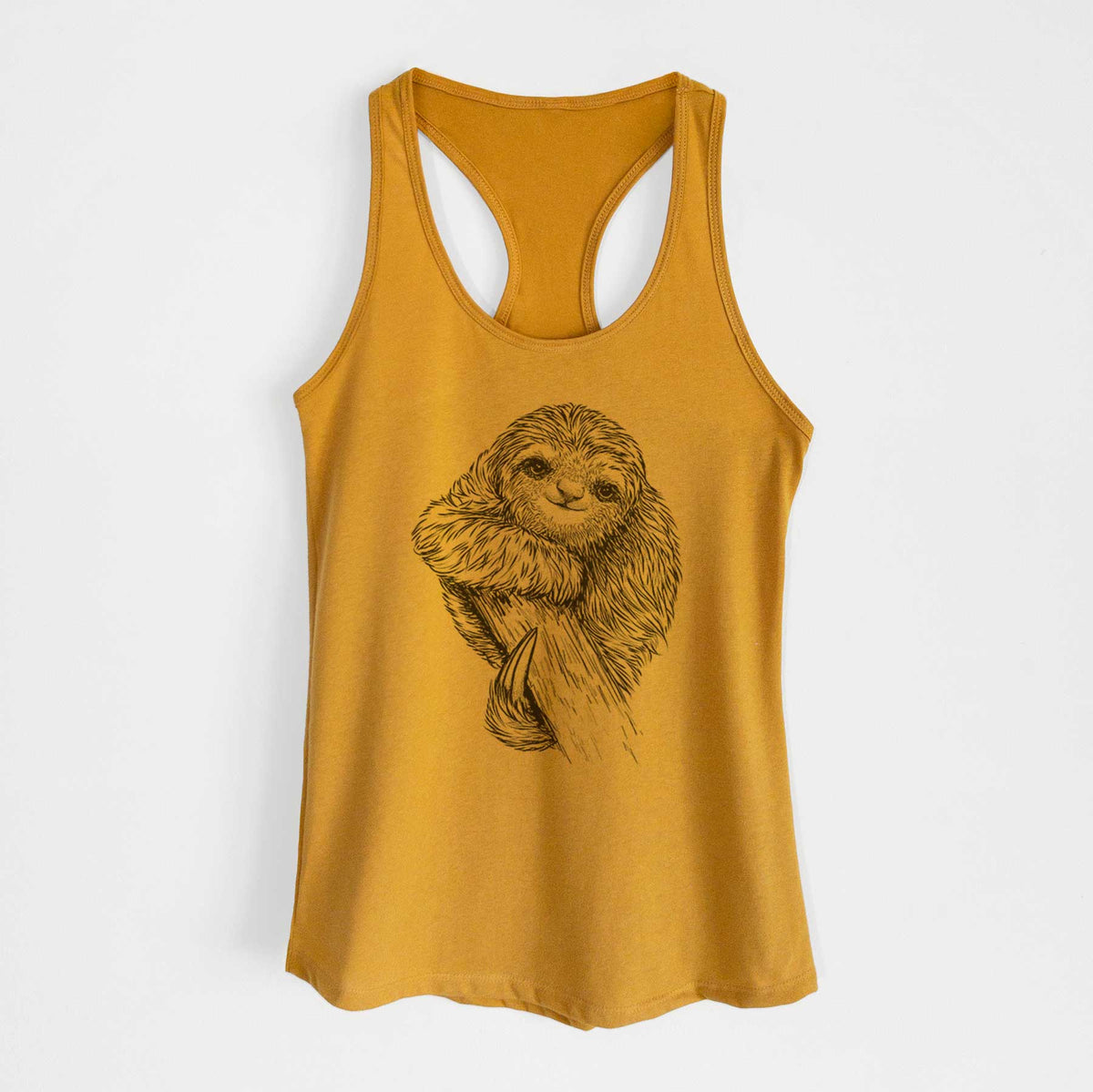 Gold women's racerback tank top laid flat, printed with a detailed black ink illustration of a smiling pygmy three-toed sloth hanging from a branch.