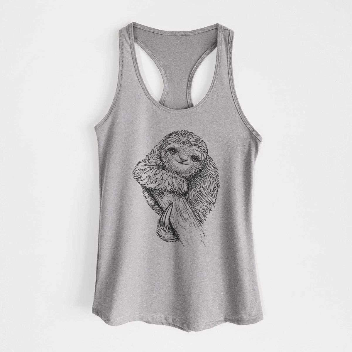 Heather grey women's racerback tank top laid flat, printed with a detailed black ink illustration of a smiling pygmy three-toed sloth hanging from a branch.